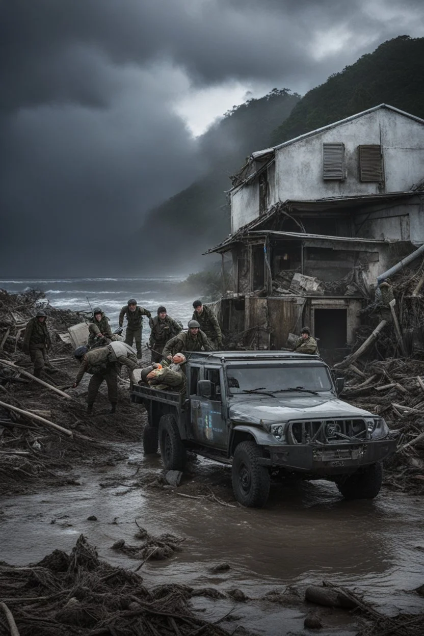 **Cinematic Art:** A war-time drama set against the backdrop of a typhoon, where a team from the World Food Programme (WFP) must deliver aid supplies to a remote island. **Appearance:** art ideas that encapsulate the essence of emergency evacuation, aid supply, and safety training in the context of hurricanes, typhoons, tornadoes, and cyclones. These ideas aim to promote vigilance regarding the preservation and protection of rights for the global public, communities, societies, and individuals,