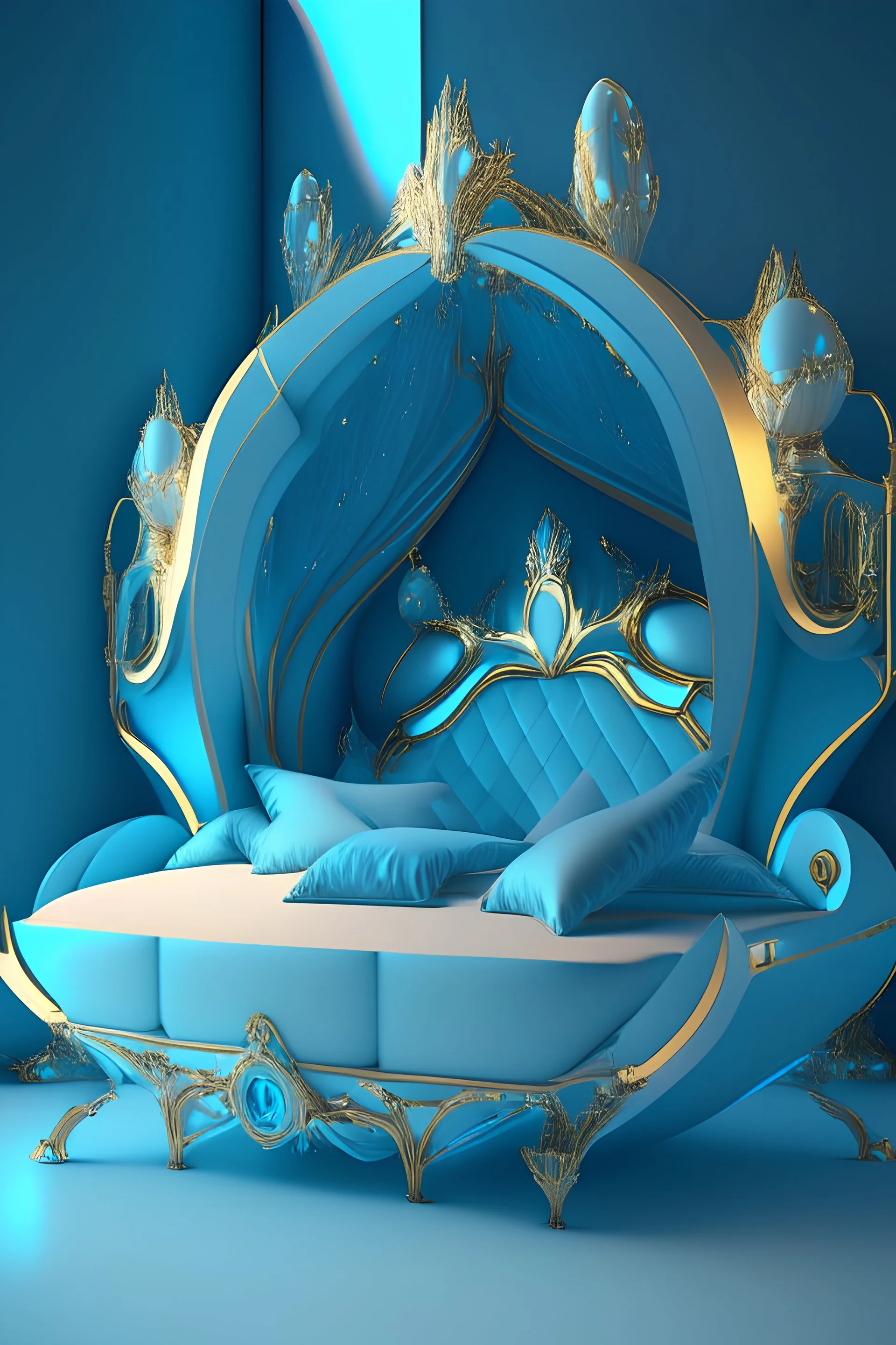 LIGHT BLUE daybed, unique, futuristic, symmetric, highly detailed, celestial, with full color, 3D, with glass, Cinematography, photorealistic, epic composition, Unreal Engine, Cinematic, Color Grading, fantasy, sunlight, ultra detailed artistic photography, midnight aura, glamour, intricate artwork masterpiece, golden ratio, trending on artstation, isometric, centered,Curtation