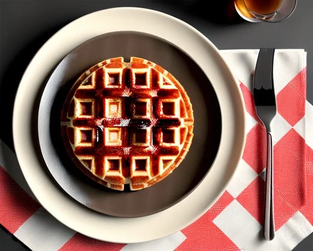 Round waffle with maple syrup plate, plaid napkin dinnerfork