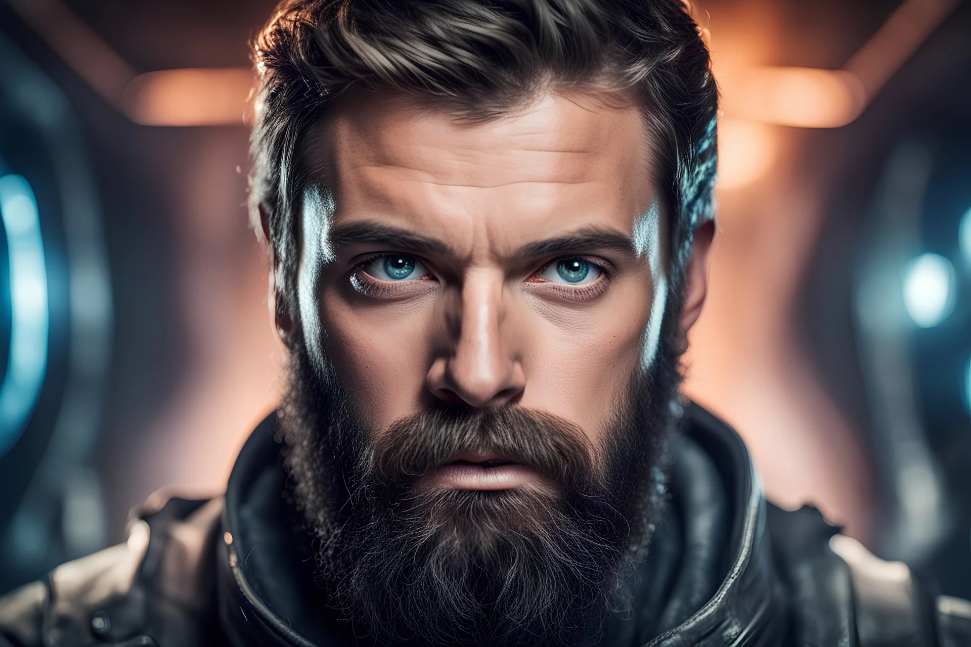 bearded man handsome off-center portrait intense eyes staring at the camera scifi background