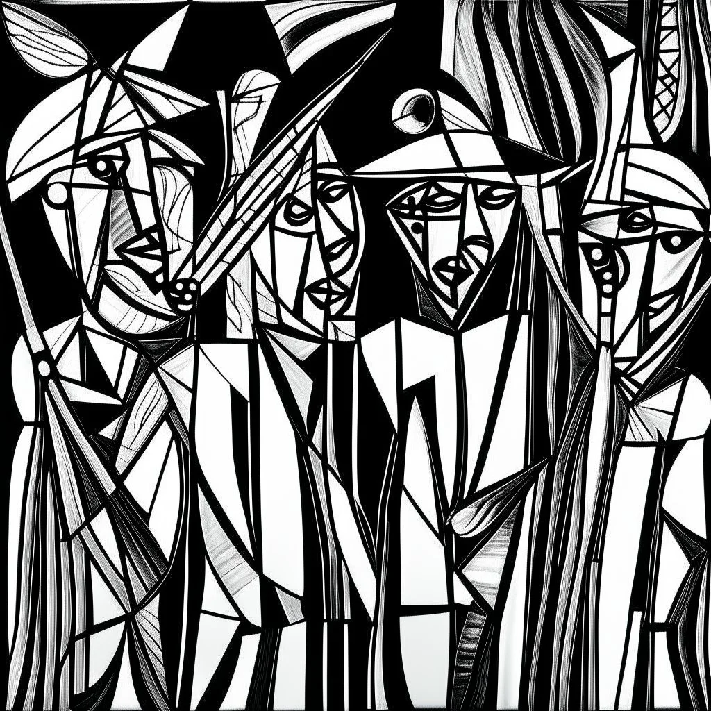 picasso lijnen 5 mannen geweer abstract