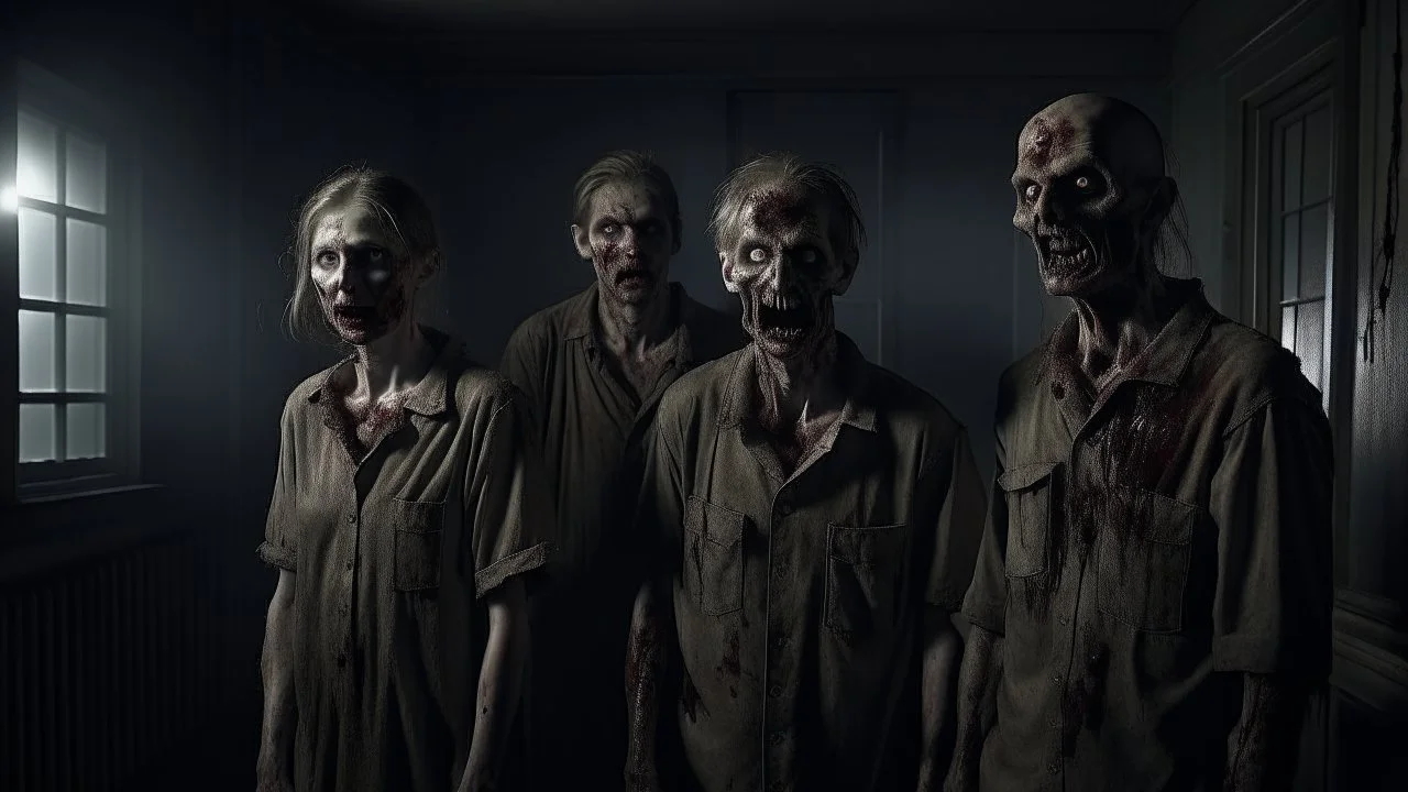 4 zombies in adark room look at the top