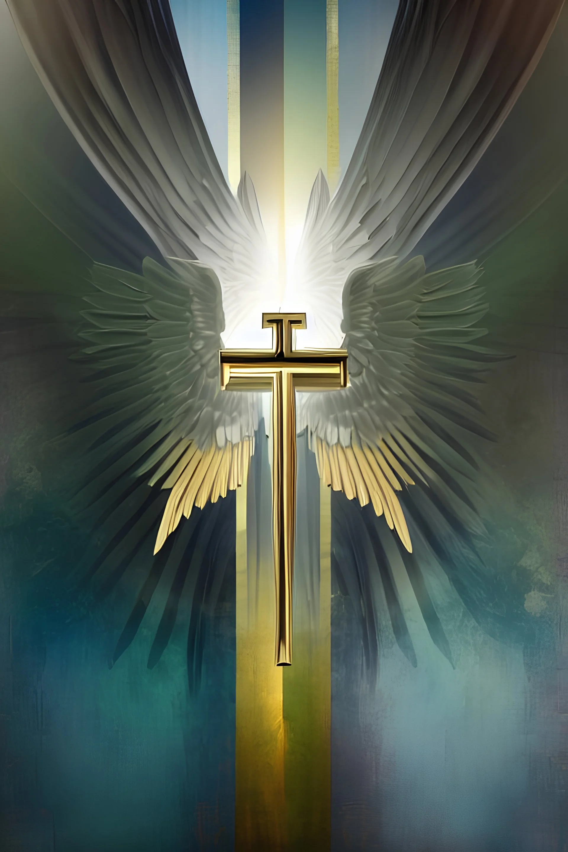 in the middle a one big cross of Christians, back the wings of an angel, insignia white, abstract background, artistic paint, gold ratio, good vibe, harmony, blurry, lanscape proportion