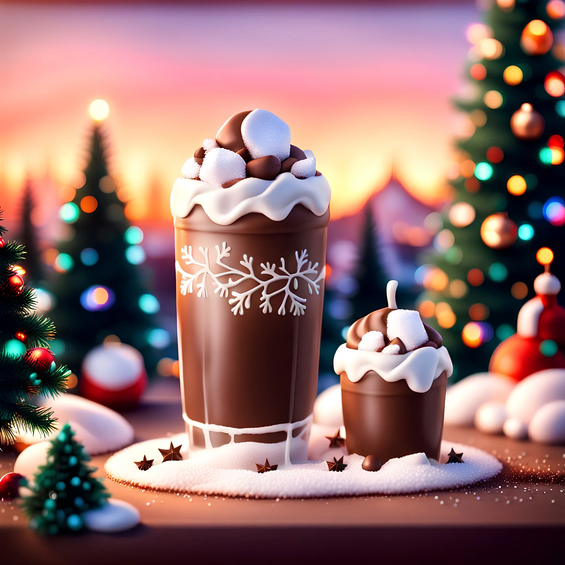 Arts work of beautiful design, Christmas chocolate drink with mashmallow, spruces, sunset, flat illustration, vibrant, vintage drawing, bokeh background, 8k , DSLR camera Sony Alpha 7 50mm 1.8,medium shot,high-resolution image with fine details