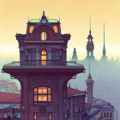 Trainstation on top of building +Beaux Arts architecture+artdeco architecture+detailed facades+uphill road+trees+ biopunk+Bueno Aires+turin+trieste+Book illustration by Gediminas Pranckevičius, Jean Baptiste Monge, Brian Kesinger, Anton fadeev, Kilian Eng, strong lines, high contrast vibrant colors, highly detailed, 16k resolution, trending on behance