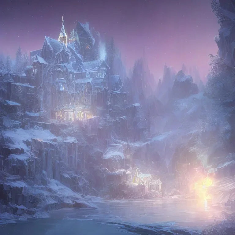 white and gold crystal castle，waterfall, winter snow flakessnow, northern Lights, full of details, smooth, bright sunshine，soft light atmosphere, light effect，vaporwave colorful, concept art, smooth, extremely sharp detail, finely tuned detail, ultra high definition, 8 k, unreal engine 5, ultra sharp focus