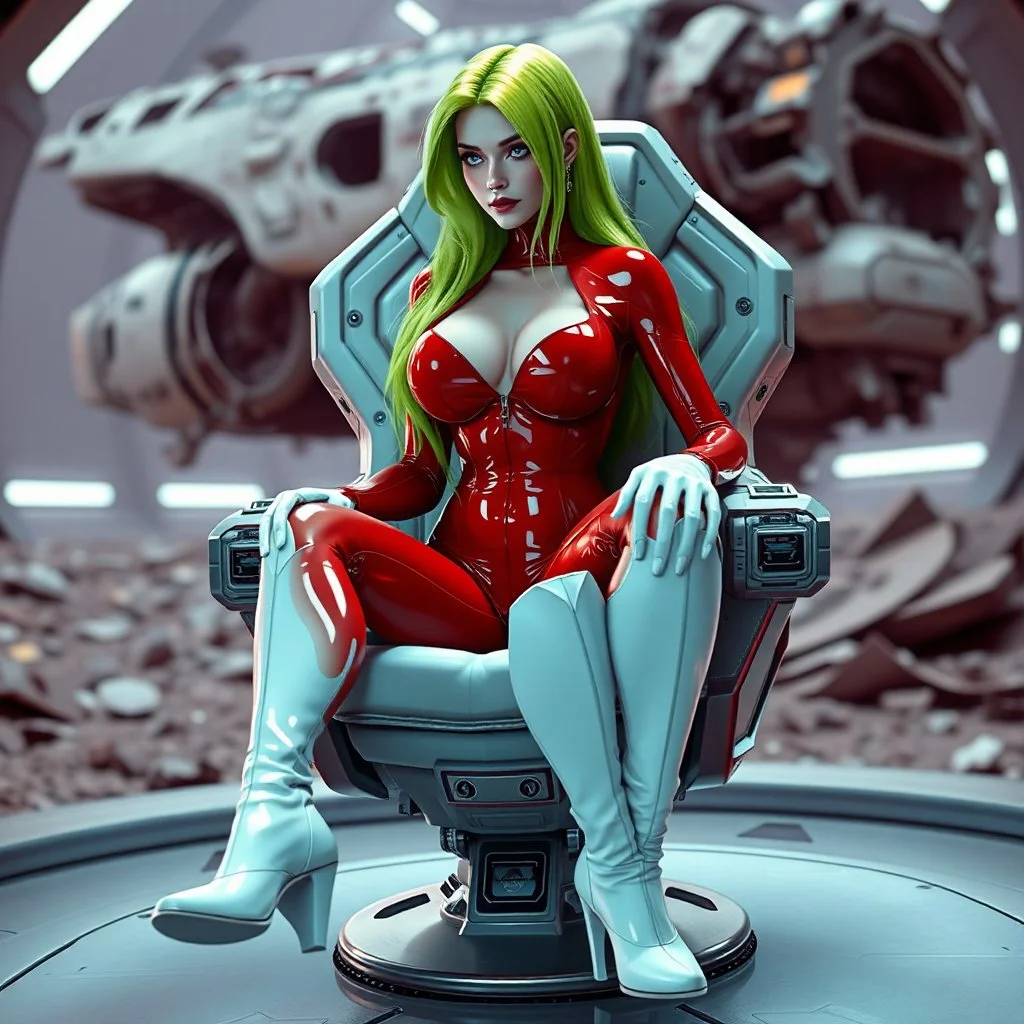 White woman with long green hair, a good, athletic body, nice legs, and a large bust, dressed in a red latex suit and white boots, sitting in an alien-like technological chair, with a destroyed spaceship in the background.