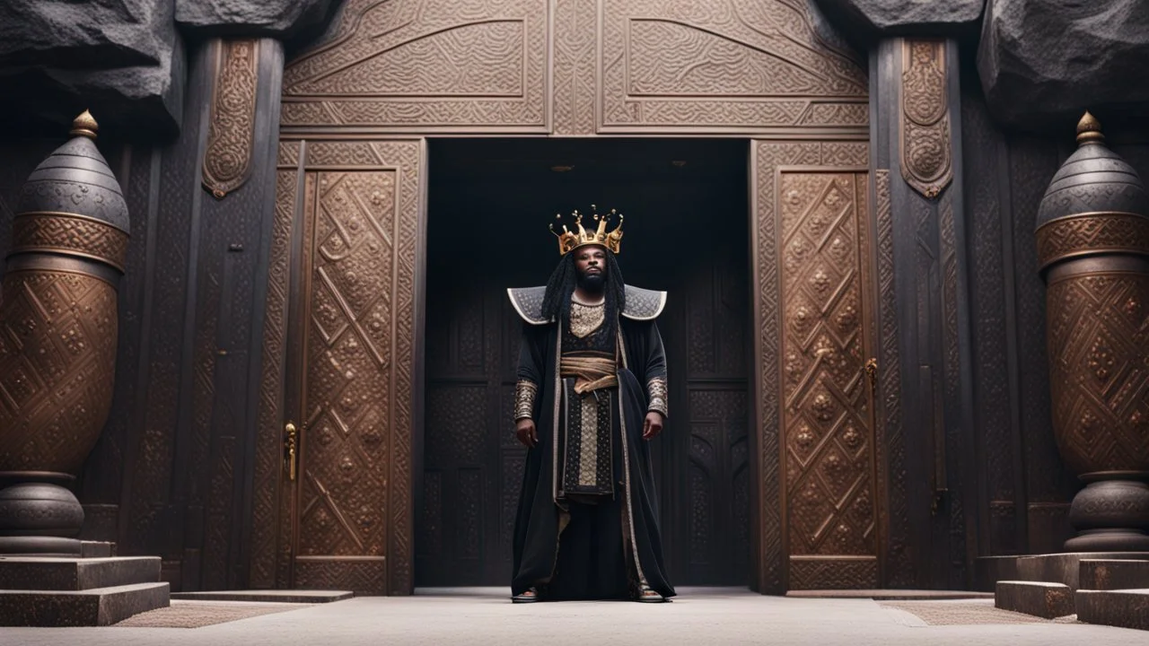 black king stands in front of huge door in mountain