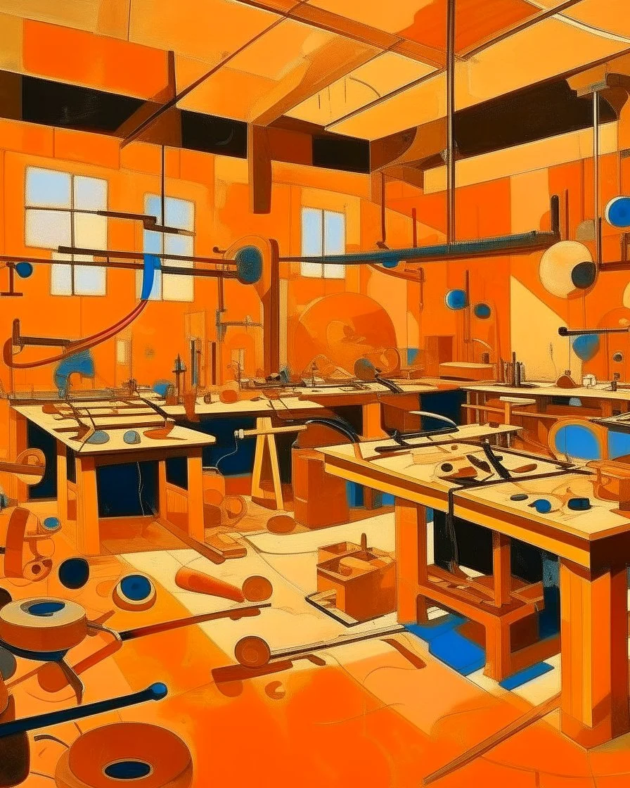 A light tannish orange colored workshop with power tools painted by Wassily Kandinsky