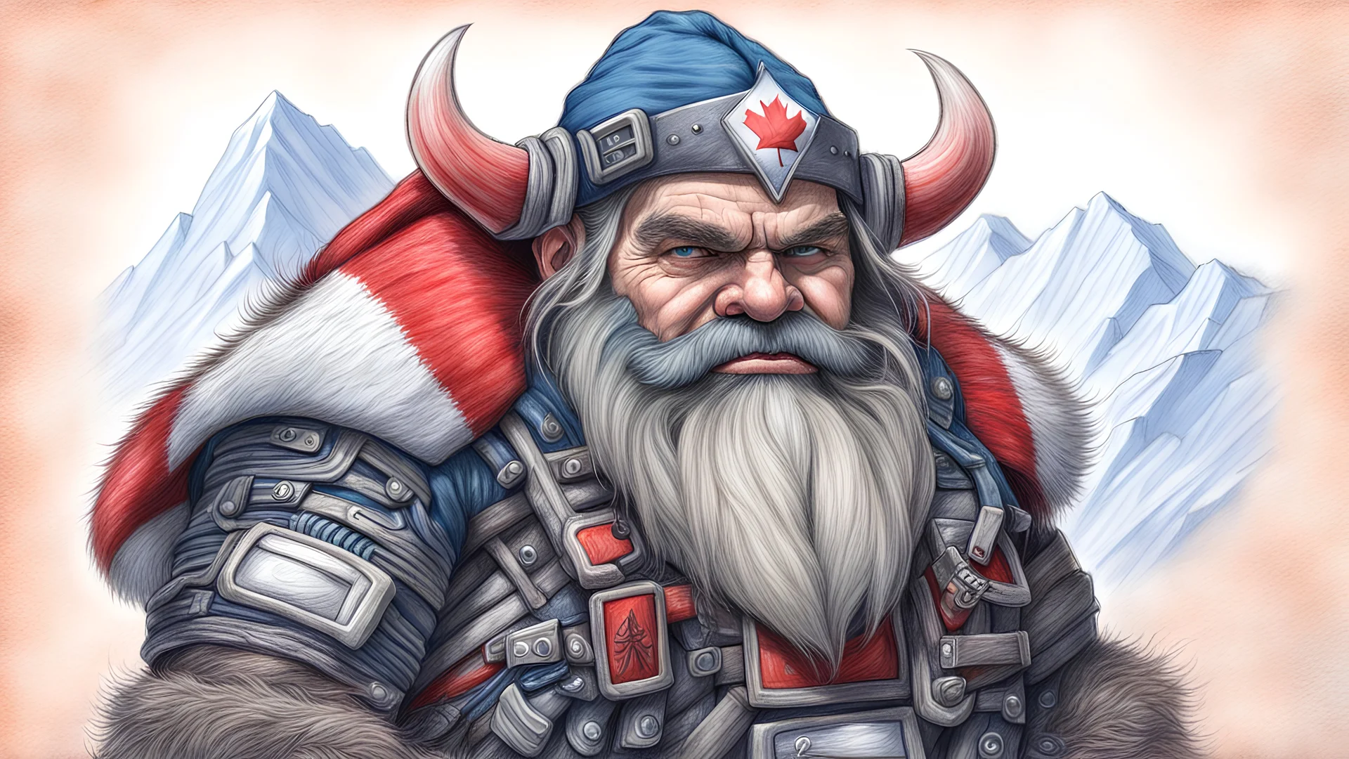 Coloured Pencil sketch of a Cyber hacker Mountain Dwarf with Epic Canadian Pride! More Canada.