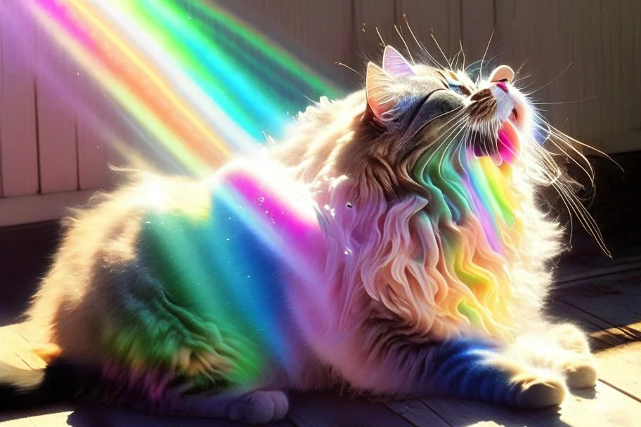 vomiting maine coon cat vomits a holographic rainbow in sunshine