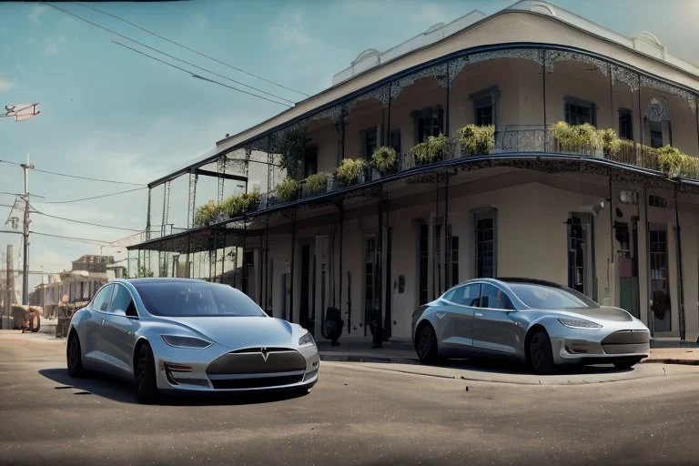 A Tesla 'Model S' is parked, on the streets of New Orleans. (CINEMATIC, WIDE ANGLE LENS, PHOTO REAL)