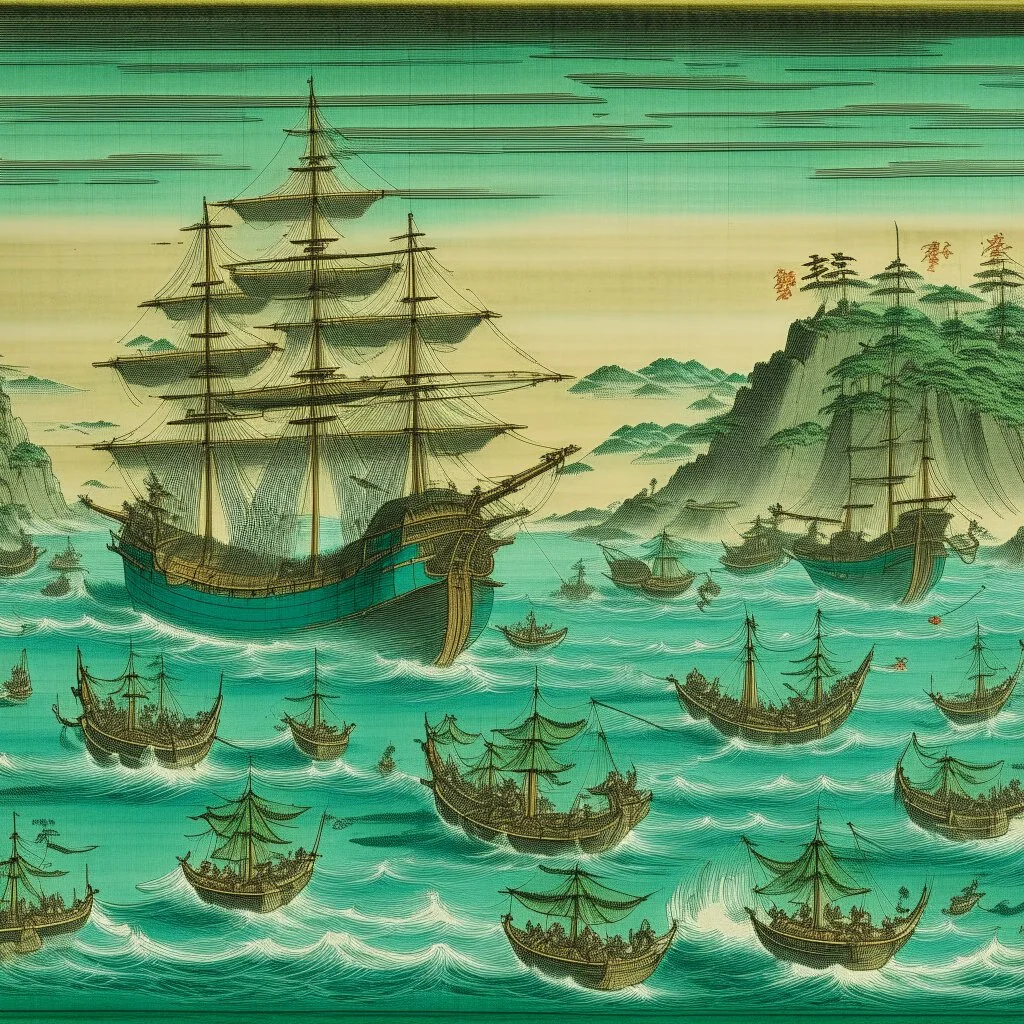 A bluish teal bay with pirate ships painted by Utagawa Hiroshige