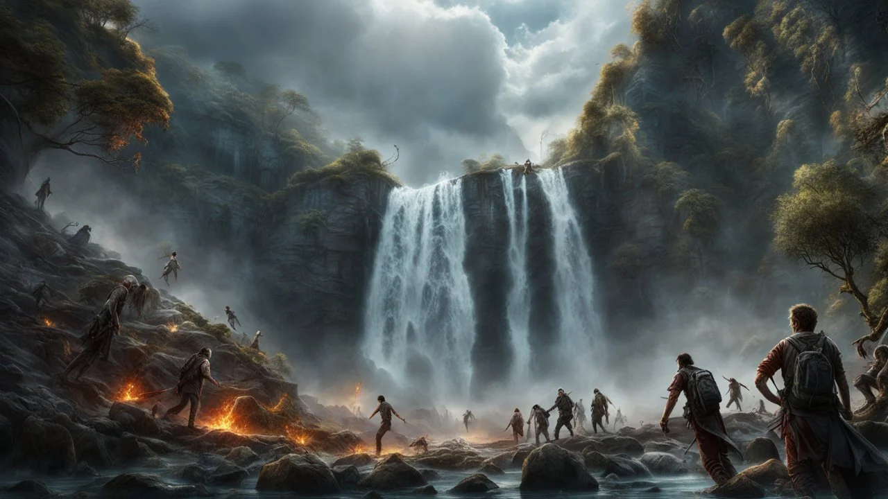 rotting zombies falling from the top of a 3.000 feet high waterfall. fantasy setting, horror. exquisite realism, a masterpiece, fantasy concept art, dynamic lighting, hyperdetailed, intricately detailed, deep color, Unreal Engine, volumetric lighting, Epic cinematic brilliant stunning intricate meticulously detailed dramatic atmospheric maximalist digital matte painting