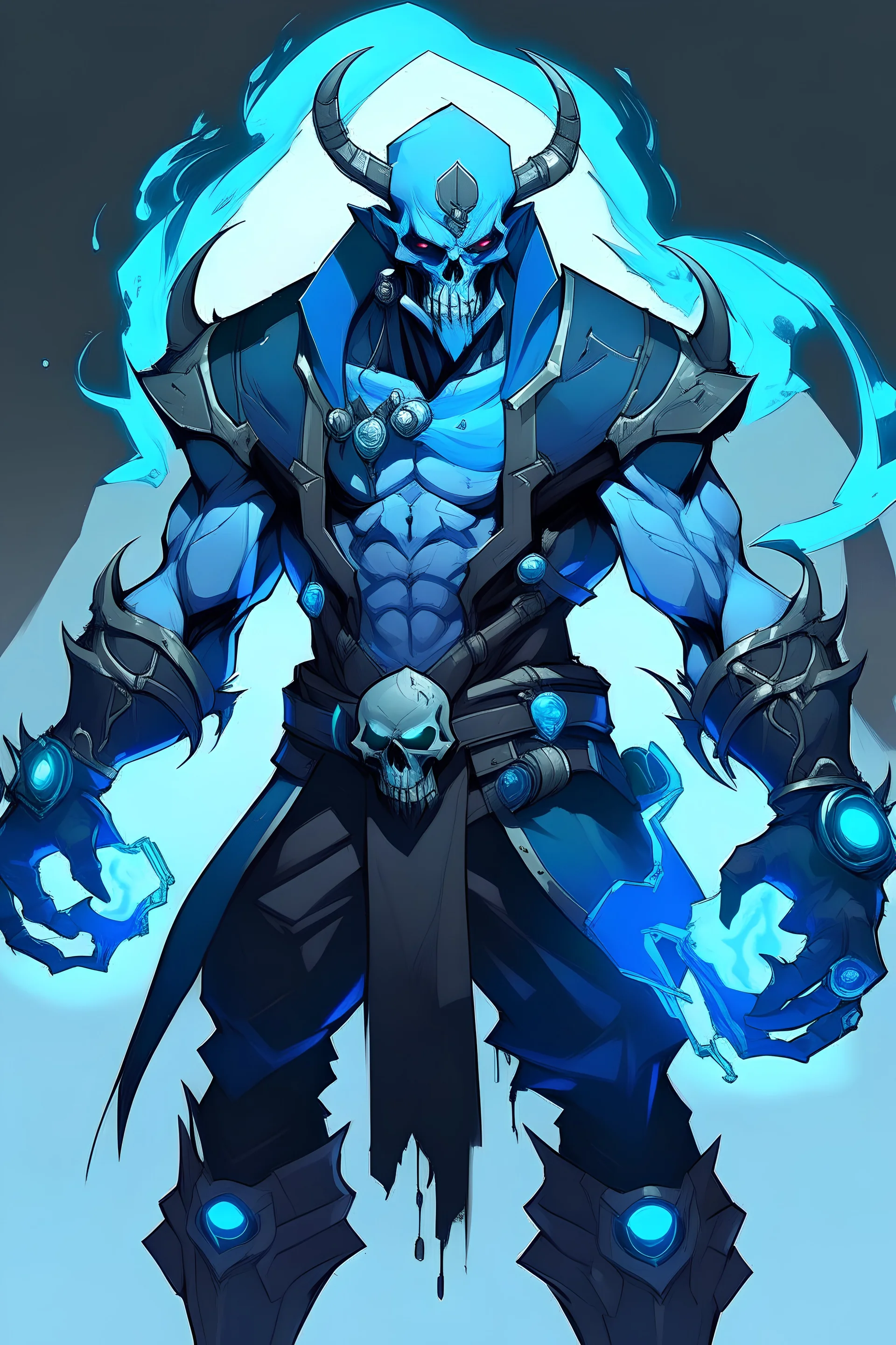 Sick looking villain that has a cool blue combo with pistols for hands with a diaper thats a demon with a GYATTTTTTT and has six arms and has lighting around him