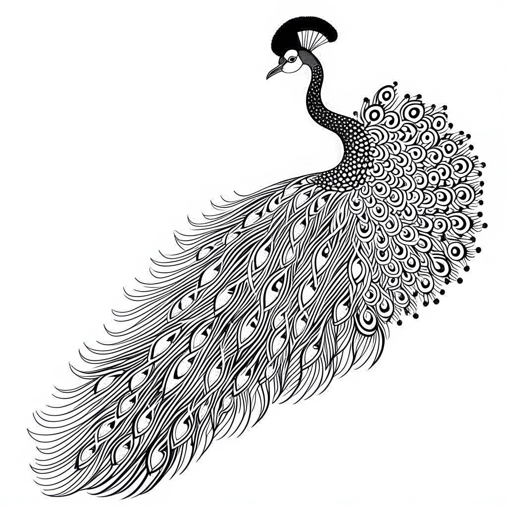 white, A peacock decoration, line art, white background, outline, with images neatly contained within the background, just black and white color, full body, no color. Looking front , front view, 8k