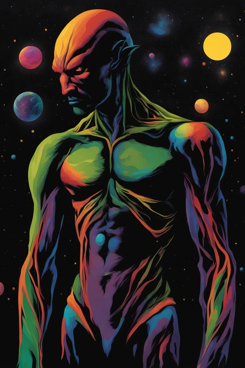 full color, Martian Manhunter, black wall, multicolored paint splatter, Outer Space, Stars, planets, cosmic clouds, multicolored lightning, galaxies, extremely colorful