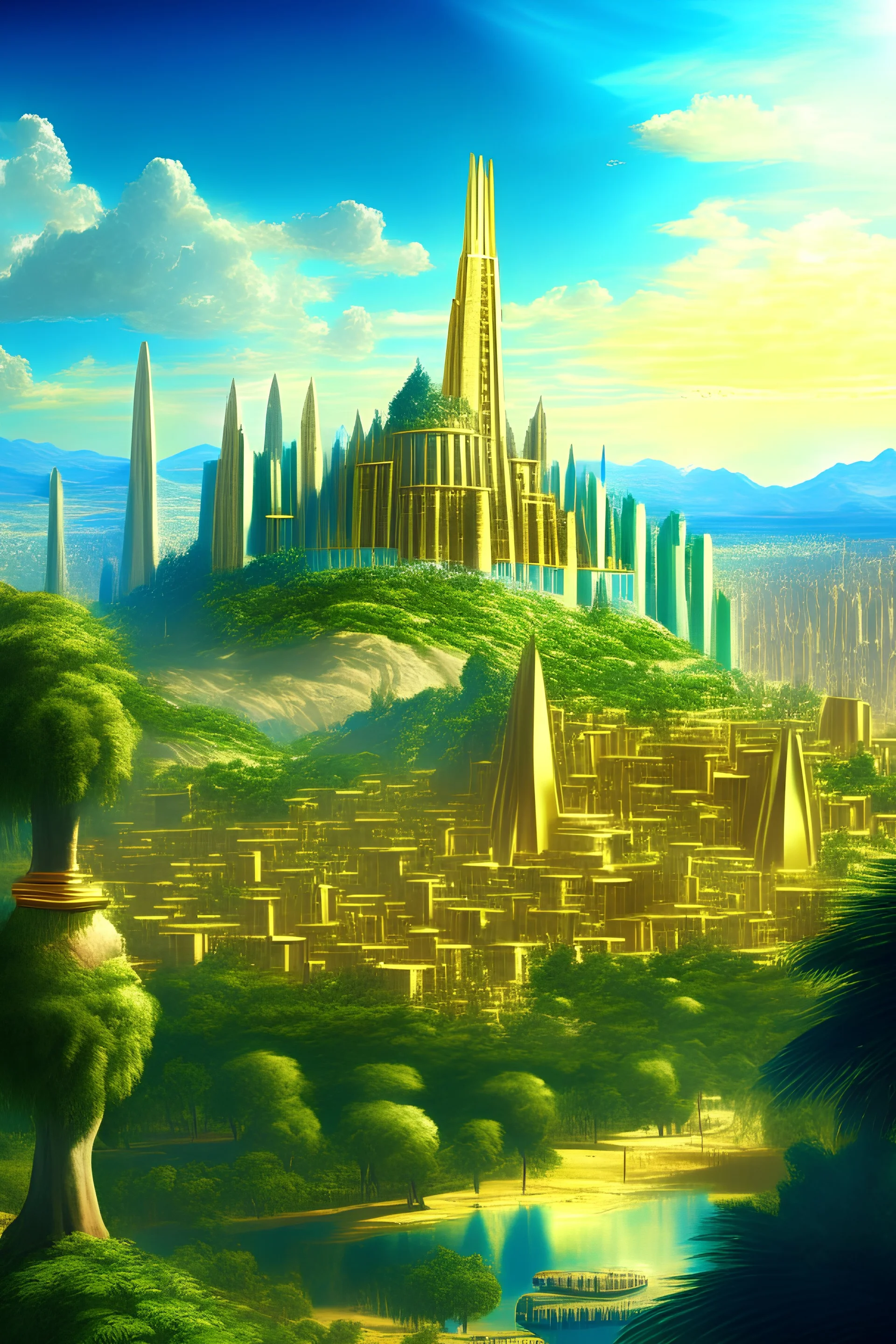 New Jerusalem city of gold, backround New Earth with green forest blue sky, hyper photorealistic