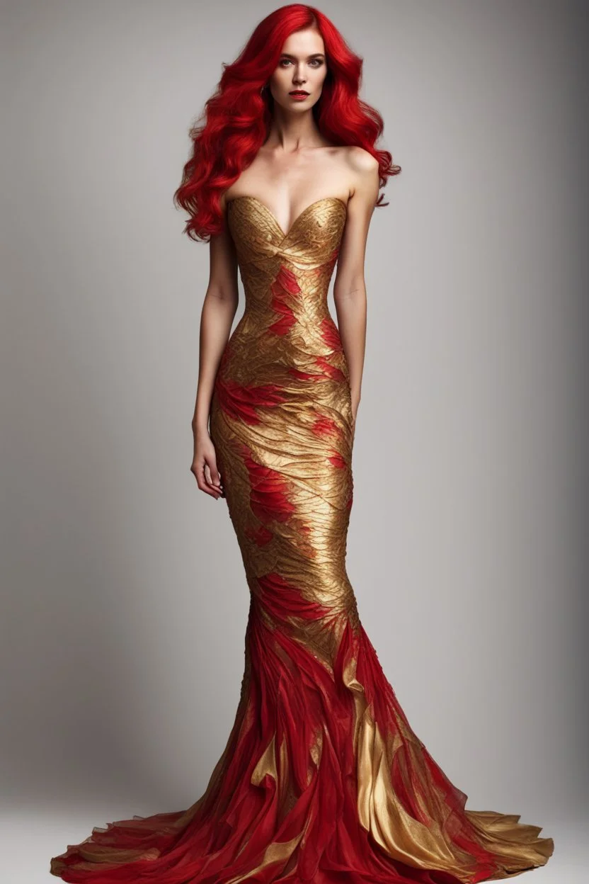 Stunning utopian mermaid gown with red and gold. Hyper realistic standing model