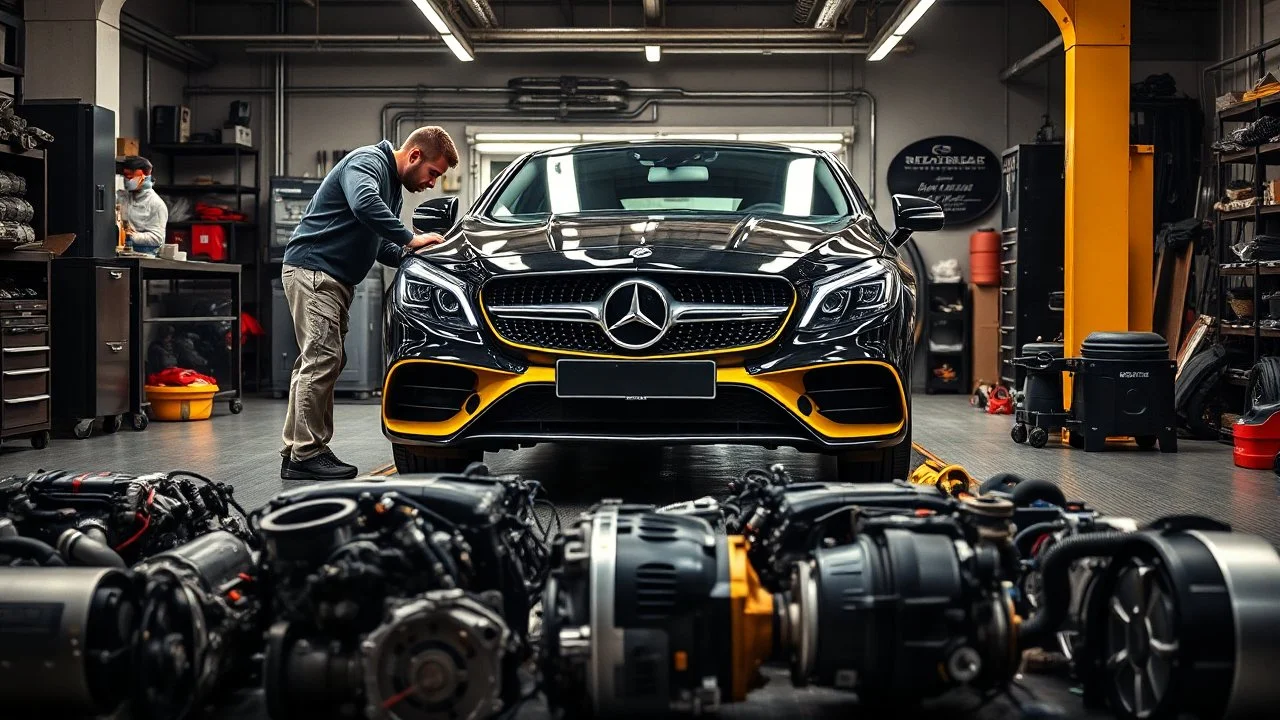 A car repair shop where two people in work clothes are repairing a black and yellow Benz CLS 550 with an eye-catching theme in a sophisticated and special repair shop where at the bottom of the image a collection of car engine parts are arranged on the floor with lighting and a classic atmosphere.