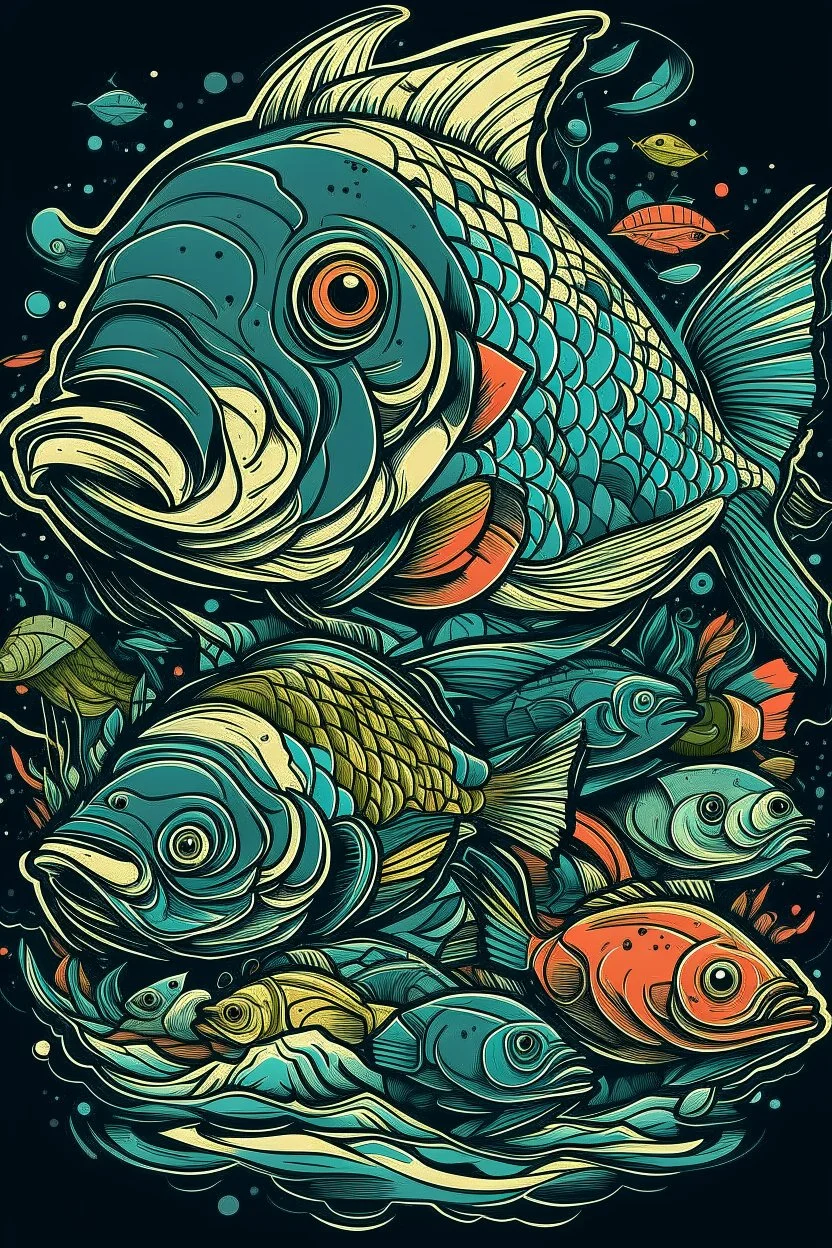 A ilustration of FISH-MEN,COLOR. middle ground design, t-shirt design, no black ground, vector, 4k