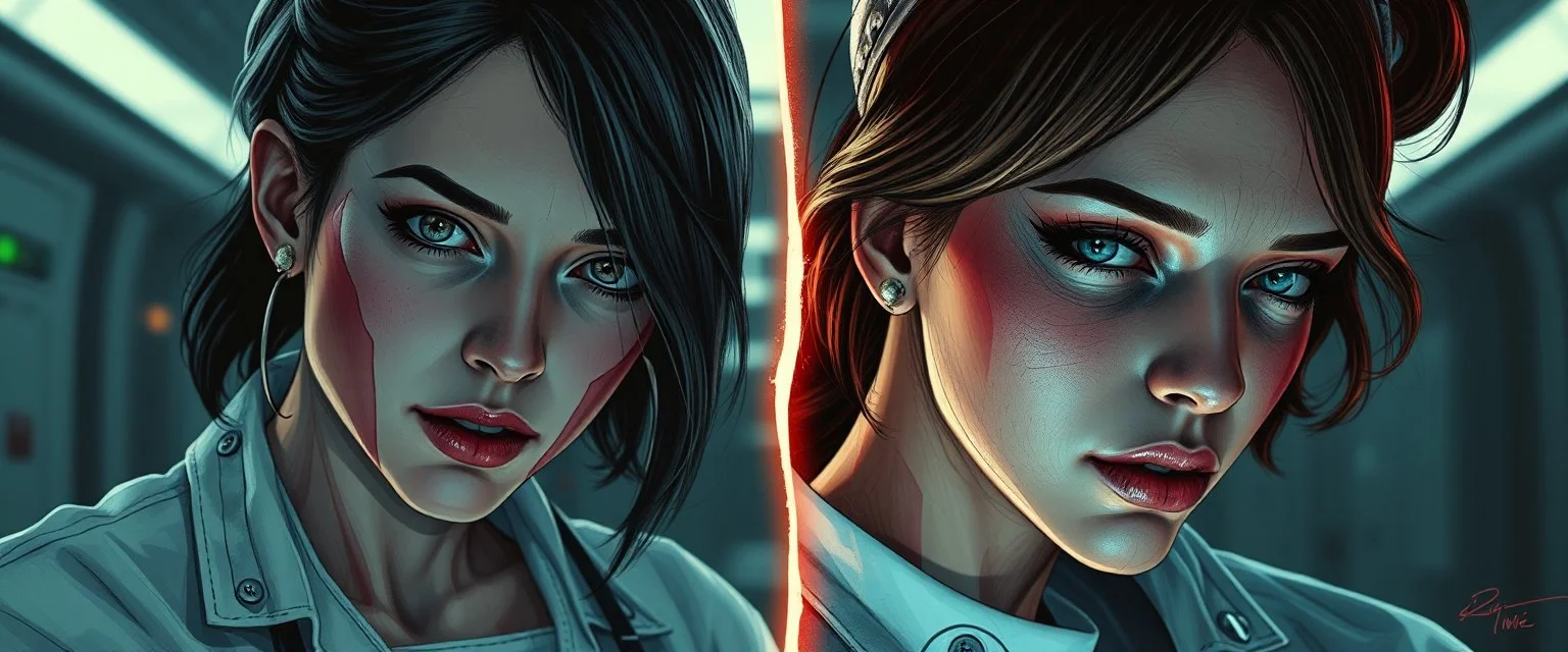 cyberpunk fallout 4, airbrush and pen outline, A cinematic, high-end advertisement image for a fictional service called “Splice Girls Nurses, Rebuilding Bone Structure on Transparent People™”. Split-screen composition with two contrasting emotional states.