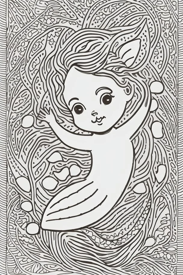 A delightful coloring page design showcasing an adorable baby mermaid in a charmingly naive art style. The artist has skillfully created a whimsical scene with minimal details and a focus on bold, thick black outlines. The endearing fox, prominently positioned in the center, is the highlight of this illustration. The all-white background beautifully complements the simplistic design, allowing young artists to unleash their creativity. As the baby fox takes center stage, a subtle hint of its