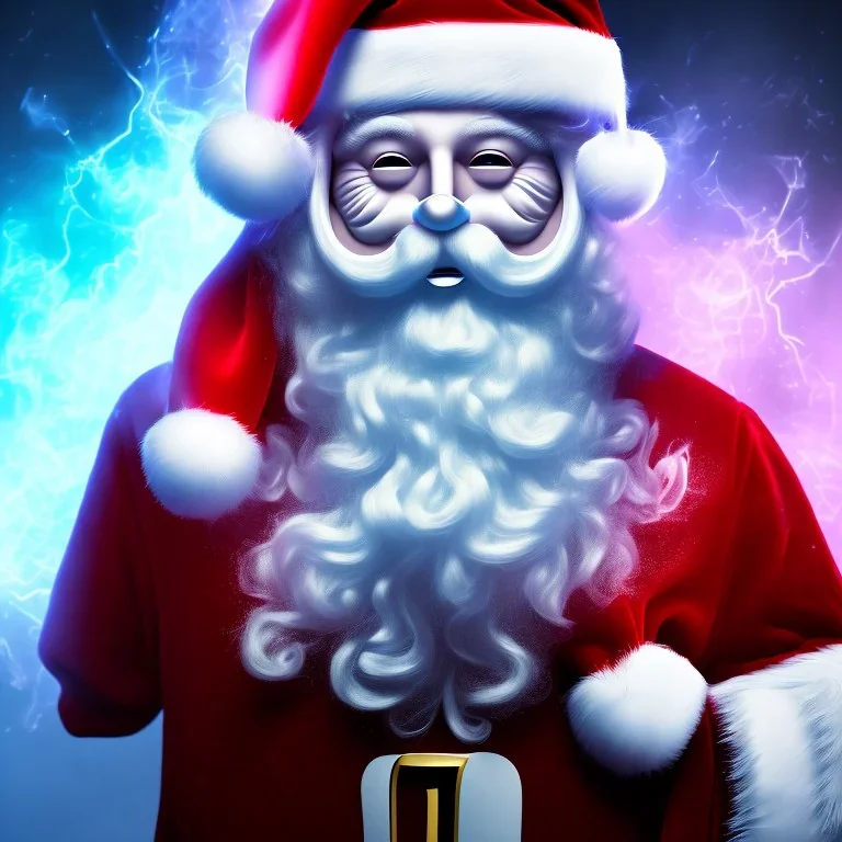 All Black Santa, ghost, wearing high tech mask, white smoke, dark, rage, high definition, ultra 8 k, volumetric lighting, blue fire, fog red rain