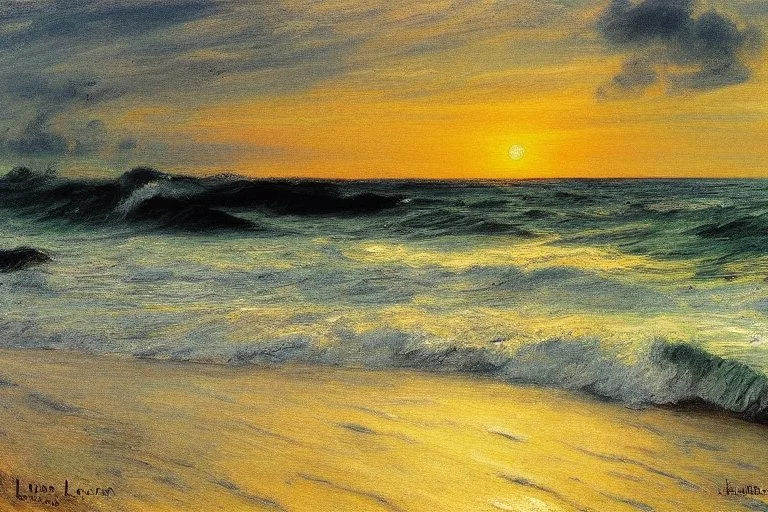 Amazing sunset, sea waves, sand, max liebermann painting