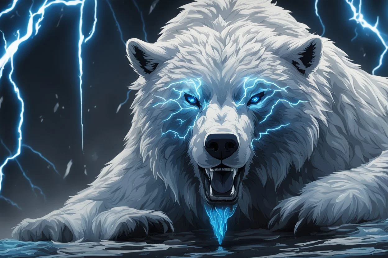 white bear with blue ice and thunder in 8k solo leveling shadow artstyle, symbiote them, neon effect, blue thunder, full body, apocalypse, intricate details, highly detailed, high details, detailed portrait, masterpiece,ultra detailed, ultra quality