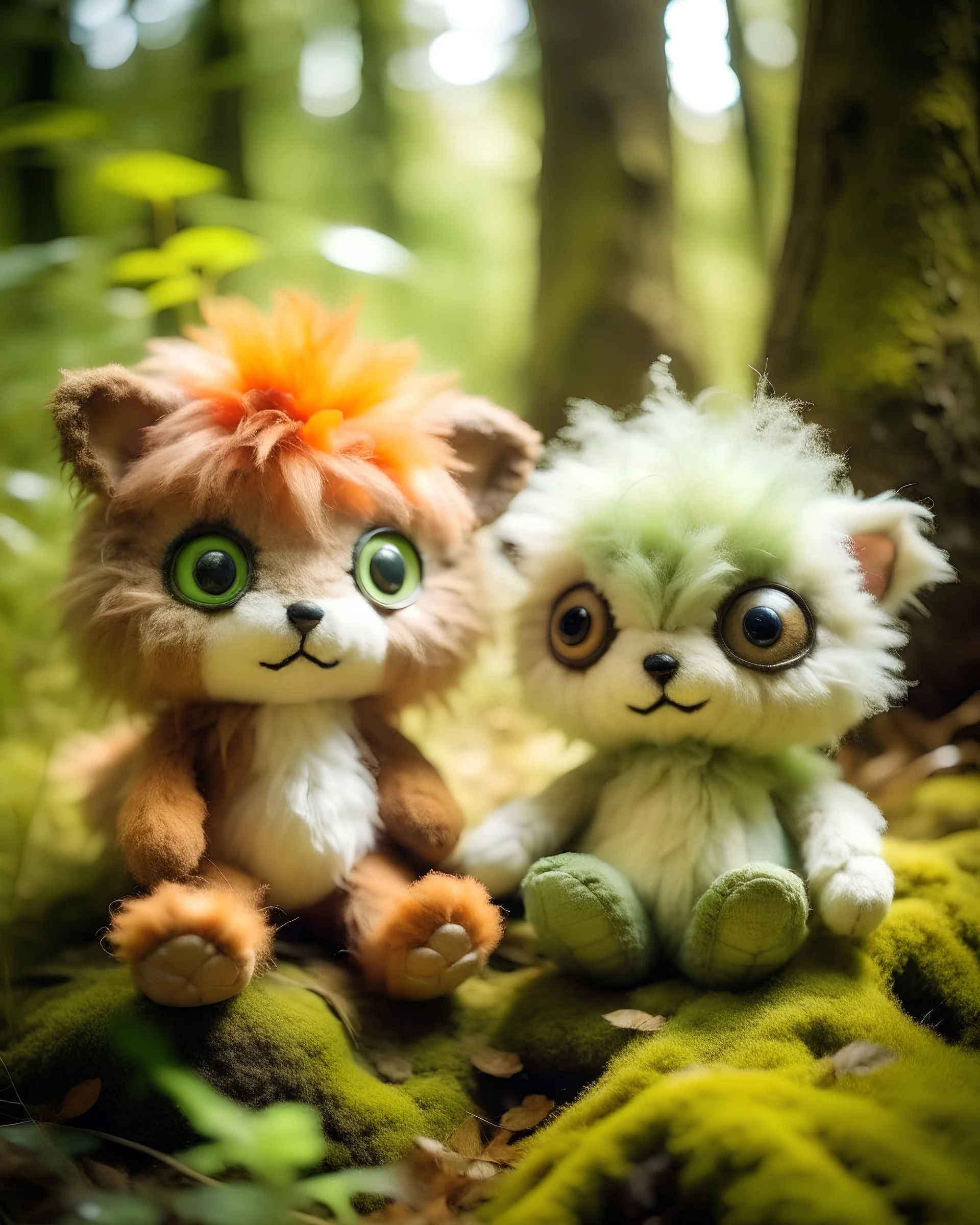 Two mushroom boys in the forest with big cute heads, small body. Fox tails and ears. Brown pants. Big sparkly monster eyes. Soft baby pastel colours. Fuzzy and hairy. Sparkles around. underwater colours. sparkles. Soft toys. Happy. bushes around and moss.