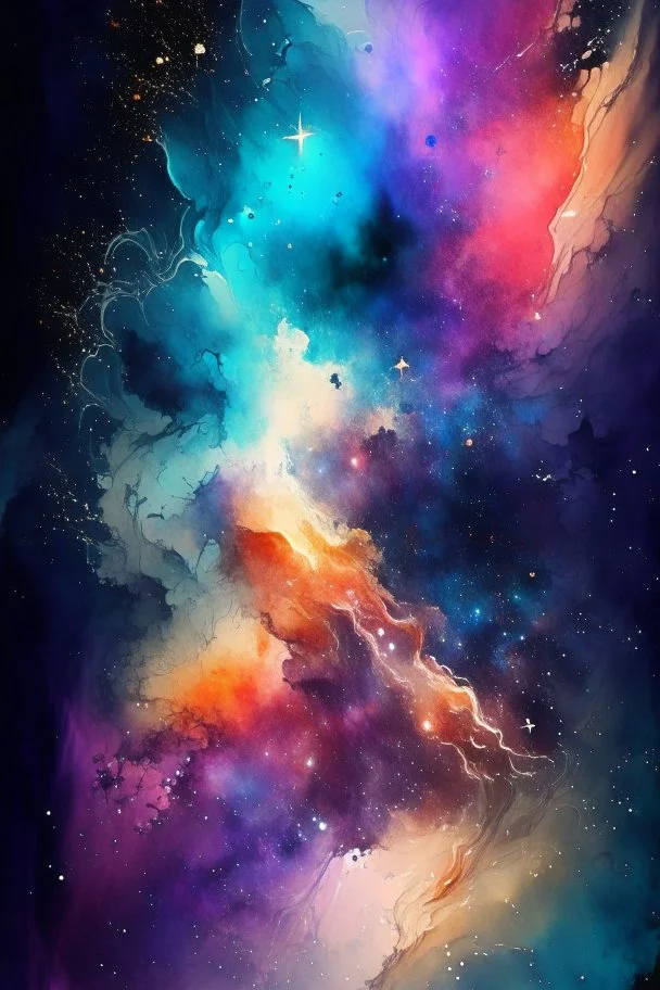 nebula, stars, abstract painting, watercolor, aqurelle, full color, 8k resolution, splashed, varied brushstrokes, with a feature of meltability