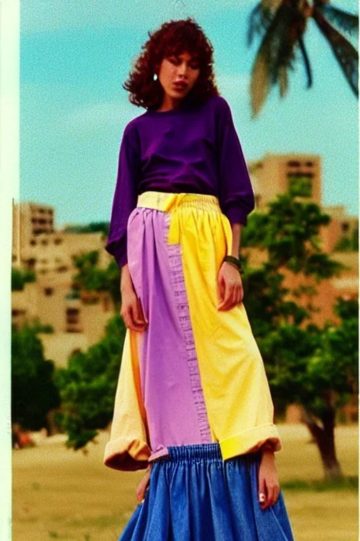 year 1996 denim fashion. Loose skirt, low waist. Colors: denim blue, blue, purple, cream, khaki, light green, lilac, plum, orange, terracotta, red, light yellow, lion yellow, pink, dark blue, beige. Gwen Stephani