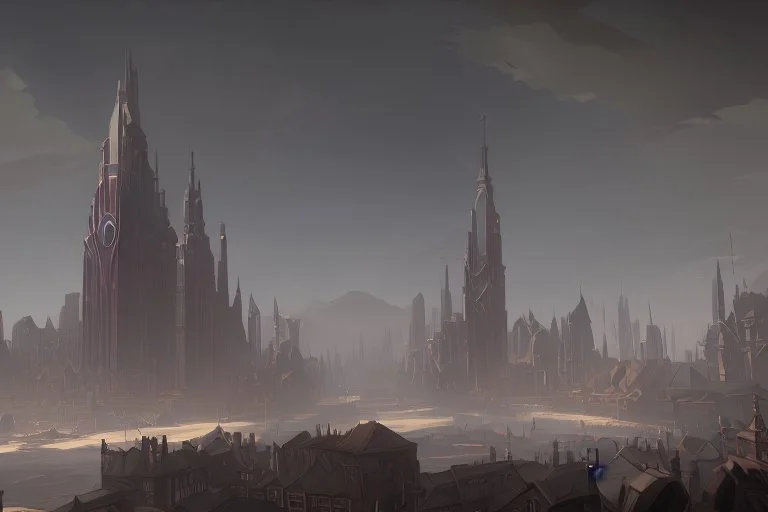 A dark, disrepaired medieval city in the clouds