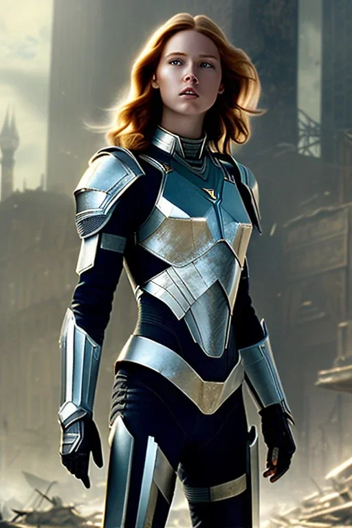 ultrarealistic, ruined city,__skimpy sci-fi armor__, __angles__, 19 year old woman, strikingly beautiful, ginger hair, silver colour, [__starlets__|__starlets__], (pale __skincolor__ skin:1.2), __camera__ __hair__, detailed face and eyes, c-cup breasts, leather choker, freckles, dynamic pose, resolved expression, __accessory__, strappy outfit, (straps:1.1), sword in scabard on left hip, (buckles, buttons, snaps, rings:1.0), halter style breastplate, detailed eyes, plump lips, fantasy theme