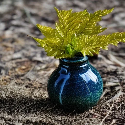 artistic photo of a tiny cracked ceramic vase repaired with gold, kintsugi, garden setting, beautiful landscape photography, beautiful, vines and leaves, delicate, cinematic, high detail, beautiful composition, delicate arrangement, aesthetic, soft lighting, award winning photography, tender