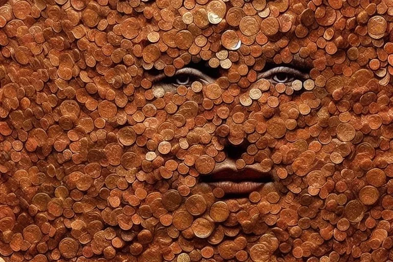 Single Human face made out of 250 pennies