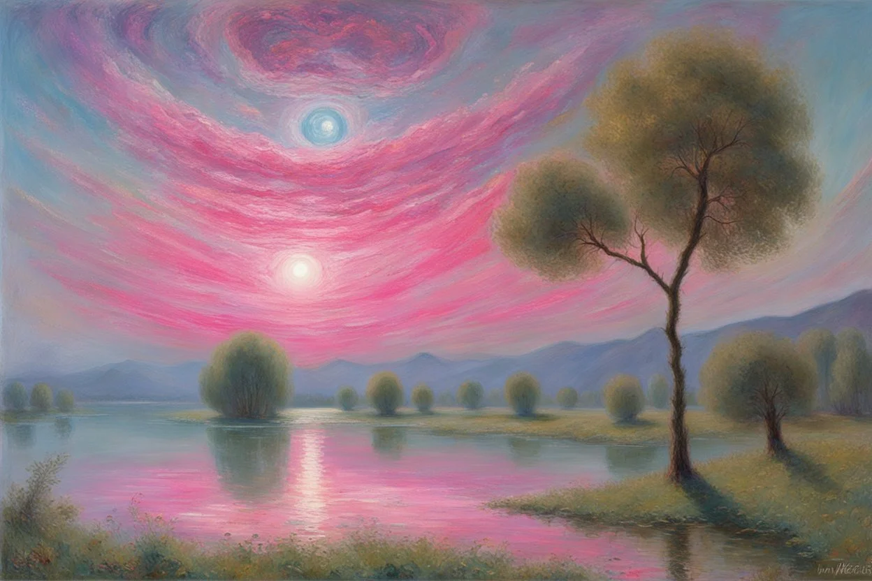 fushsia sky, planet in the sky, lake, sci-fi, mountains, galactic cosmic influence, friedrich eckenfelder and emile claus impressionism paintings