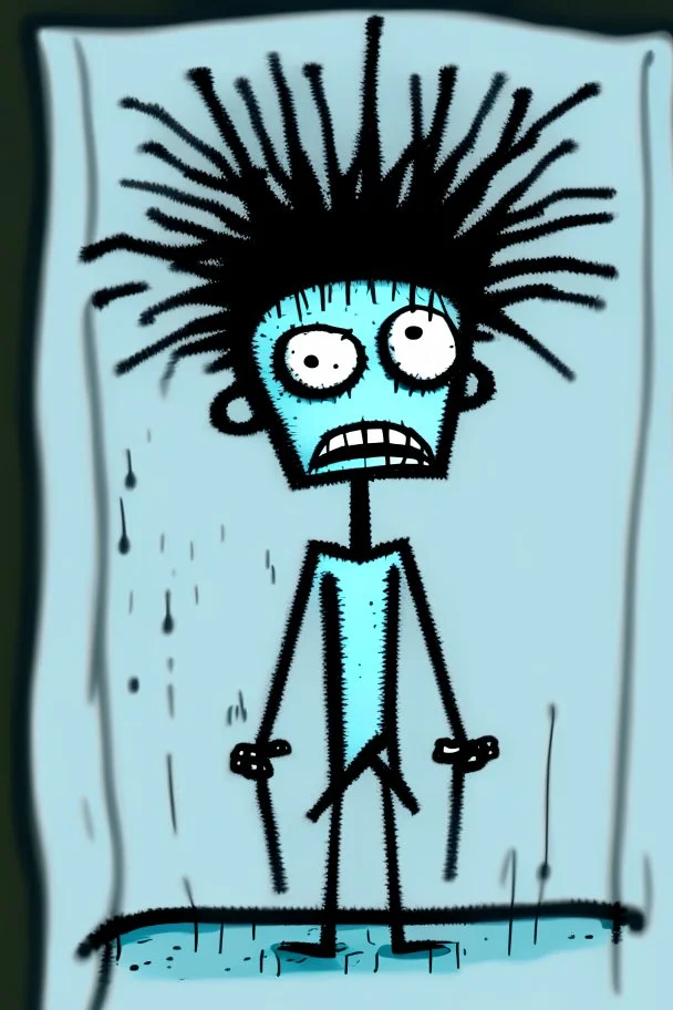 2d drawing of a stickman, cool with punk hair, x eyes like in hangman, no shirt and only dressed in a shower towel,hands in air , looking frustrated ,3d realistic in colour