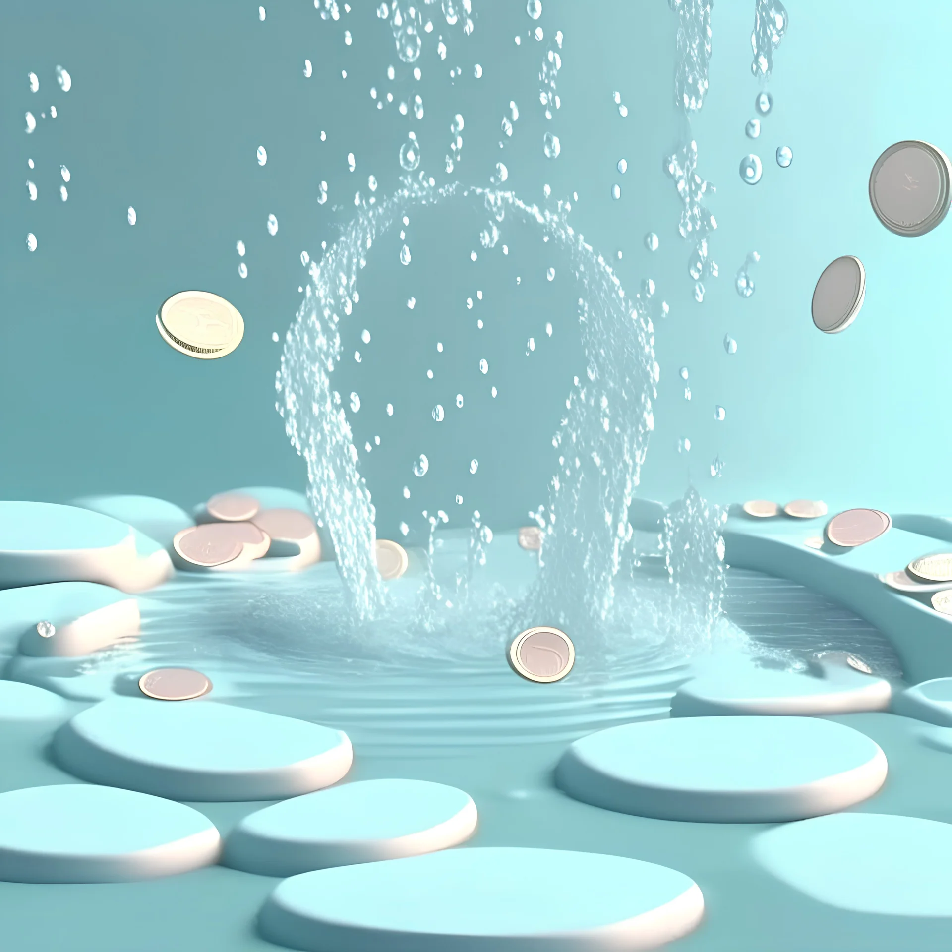 water full of coins, in 3d clay animation style, calm and pastel background, inside white perfect circle frame, water splashing