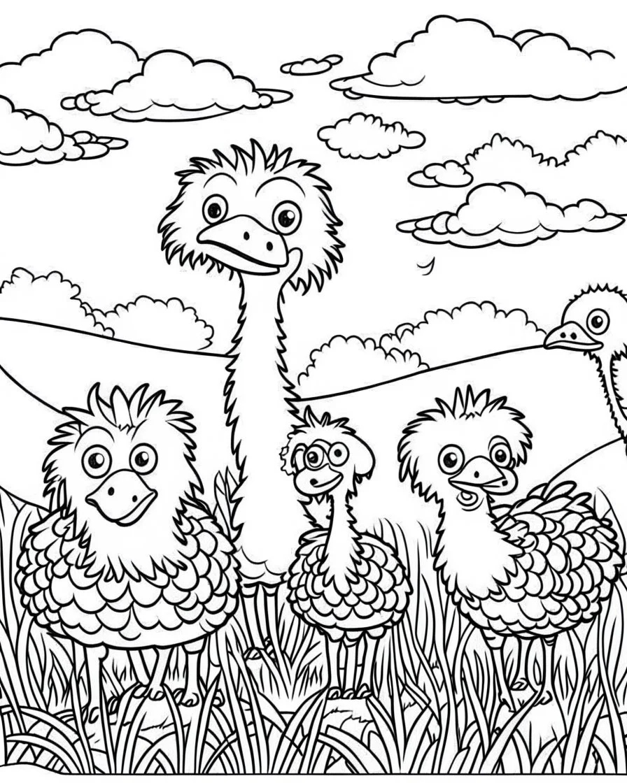 create a 2d black outline, "safari smiling cartoon Ostriches coloring book for toddlers", coloring page, low details design, black contour, coloring page design, simple background, colorful , card style, coloring page for kids, white background, sketch style, safari landscape, cartoon style