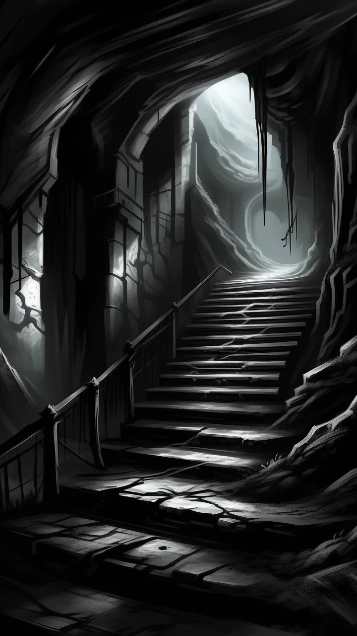 underground stair up to a room with hooded creature standing , in the darkness reigns supreme, swallowing light and casting an eerie gloom. Jagged rocks jut ominously, shadows dancing with unseen creatures. Sinister shapes glide, eyes gleaming in the murky depths. Distant rumblings and creaking sounds fill the water, sending shivers. In this desolate underworld, fear of the unknown pervades every corner, where the slightest movement evokes terror. It's a realm where nightmares man