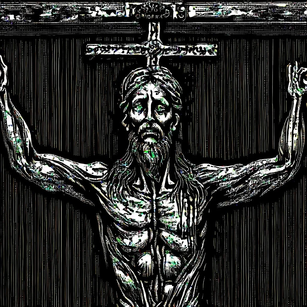 crucified on the cross christ liberty hybrid tone, woodcut, engraved, wall street journal style, statue of cruicified Jesus of Liberty with a beard and wearing a cross and hanging from a cross, The statue male, hyperdetailed intricately detailed photoillustration ink drawing dystopian 8k resolution entire body of the statue is in the picture. digital illustration telephoto lens photography , same colors as the us treasury's one dollar bill, crucified"