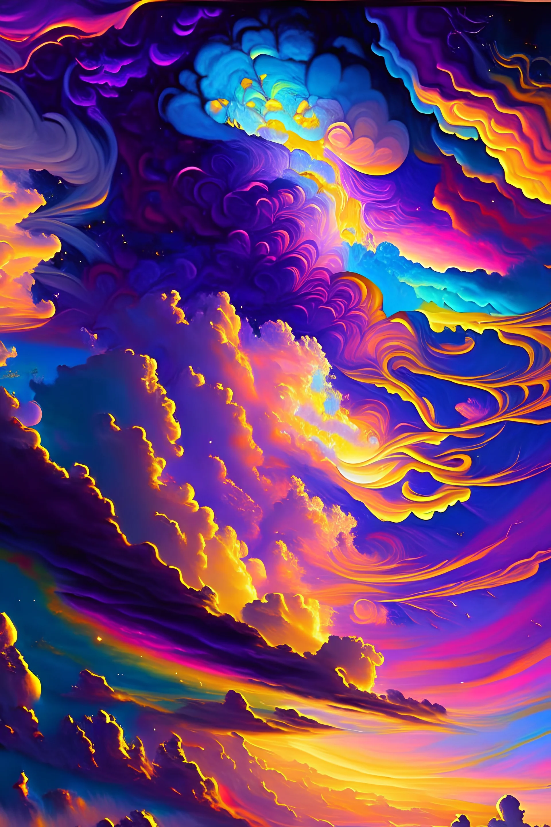 As you look beyond the figure, your eyes are met with a kaleidoscope of colors. The sky above is a swirling blend of vibrant yellows, purples, blues & pinks, as if a celestial artist has spilled a cosmic palette across the cosmos. Wisps of iridescent clouds dance across the firmament, casting ever-shifting shadows upon the surreal landscape below.