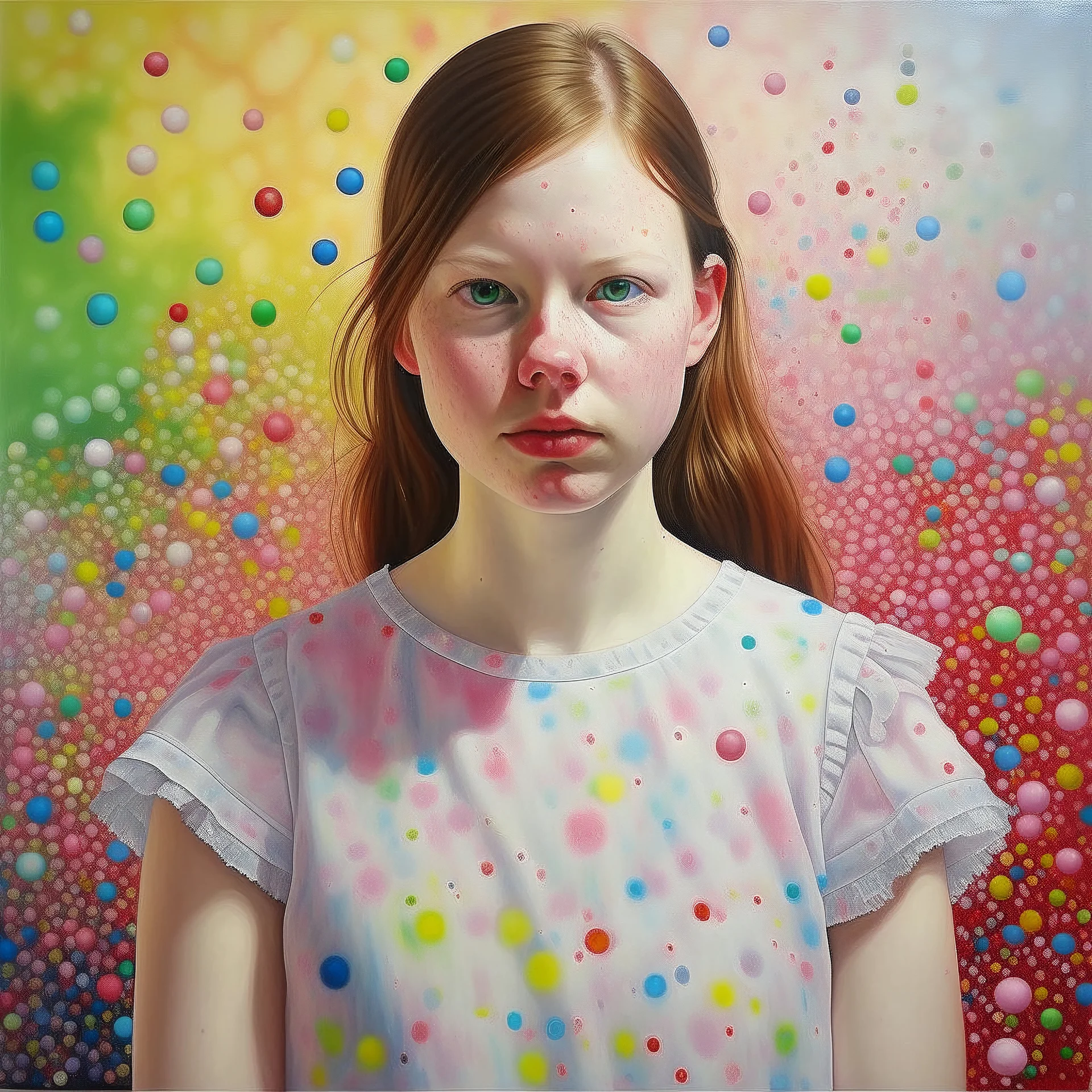 Pointillism painting technique, Mia goth, Cotton candy dress,rosy cheeks