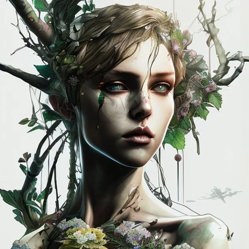 singer Danish MØ face,Style Yoji Shinkawa, watercolor illustration , Dryad, plants, wildflower,