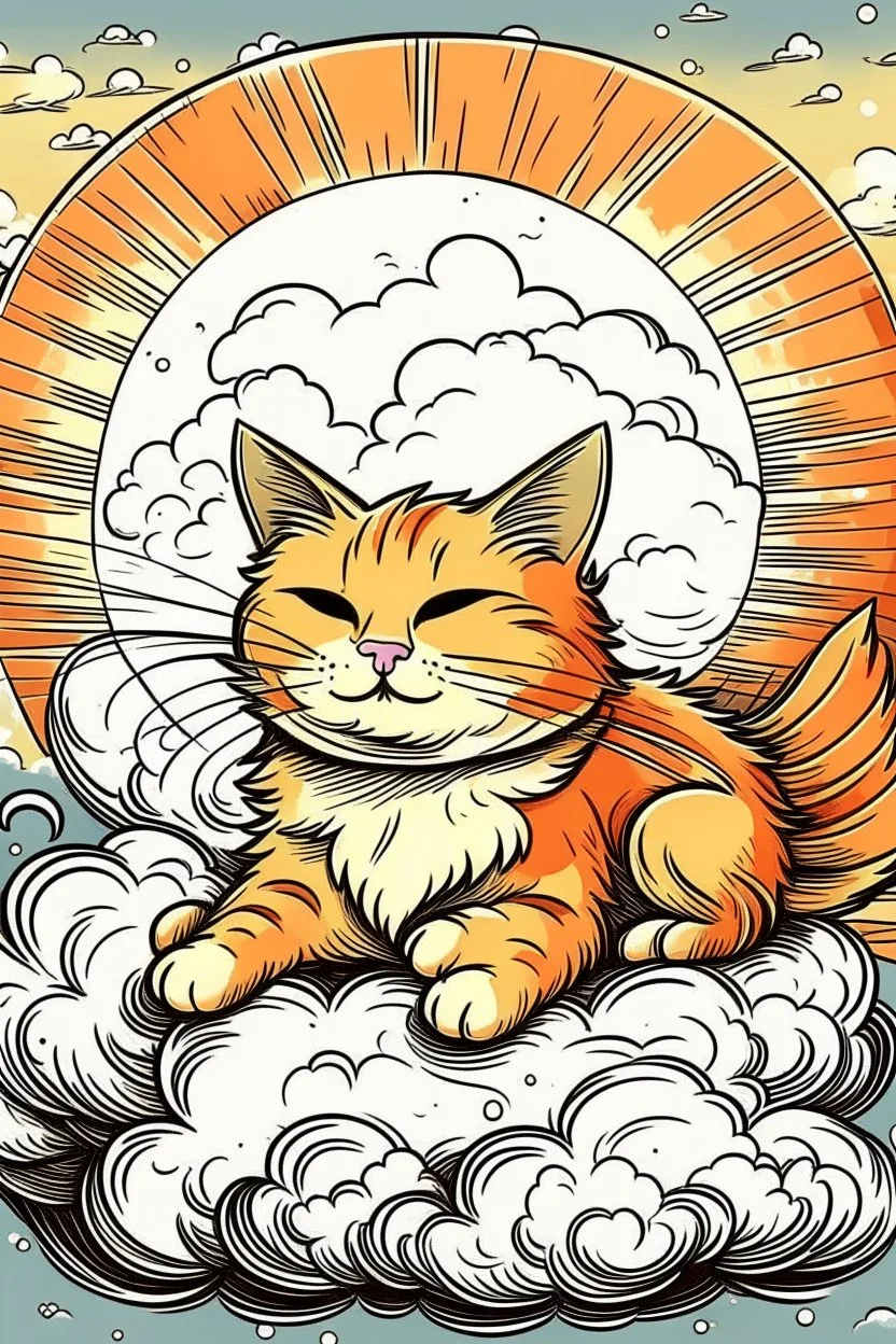 orange cat with stripes in heaven with wings and a halo sleeping on a cloud comic art style A4 format