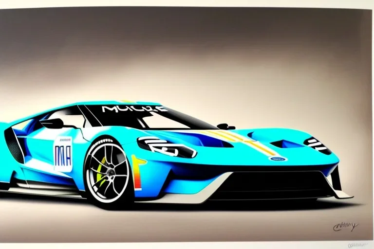 a true-to-life 2016 ford gt race car, pen and color marker, centered, intricate, extreme detailed, photorealism, center view, racetrack background, pivot on ford, painting by cheryl kelley