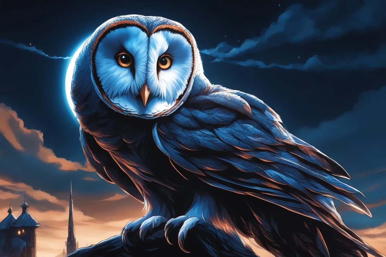 Symbiote in 8k solo leveling shadow drawing,barn owl , blue lights, sky , intricate details, highly detailed, high details, detailed portrait, masterpiece,ultra detailed, ultra quality