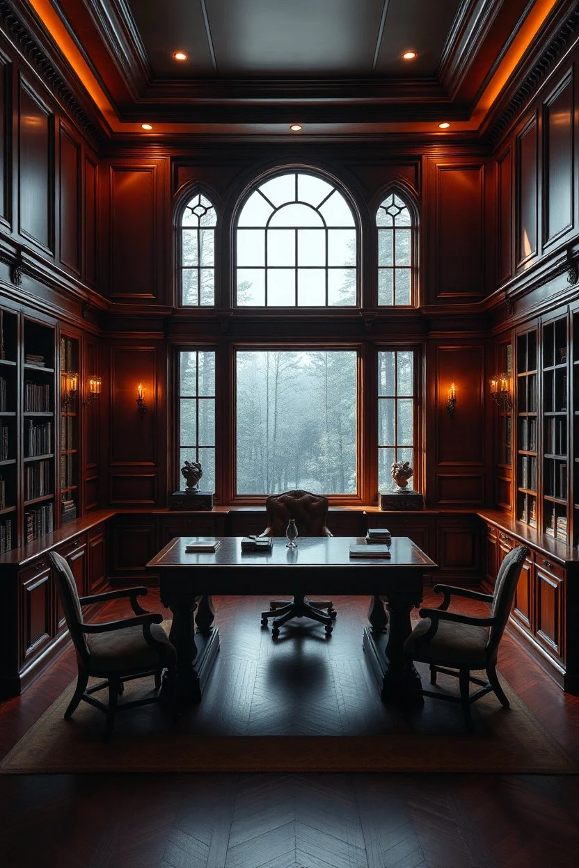 Picture of a study with mahogany panelled walls, a large landscape window with a view of the forest and a large mahogany desk in the centre of the room, photorealistic, dark fantasy, 4k